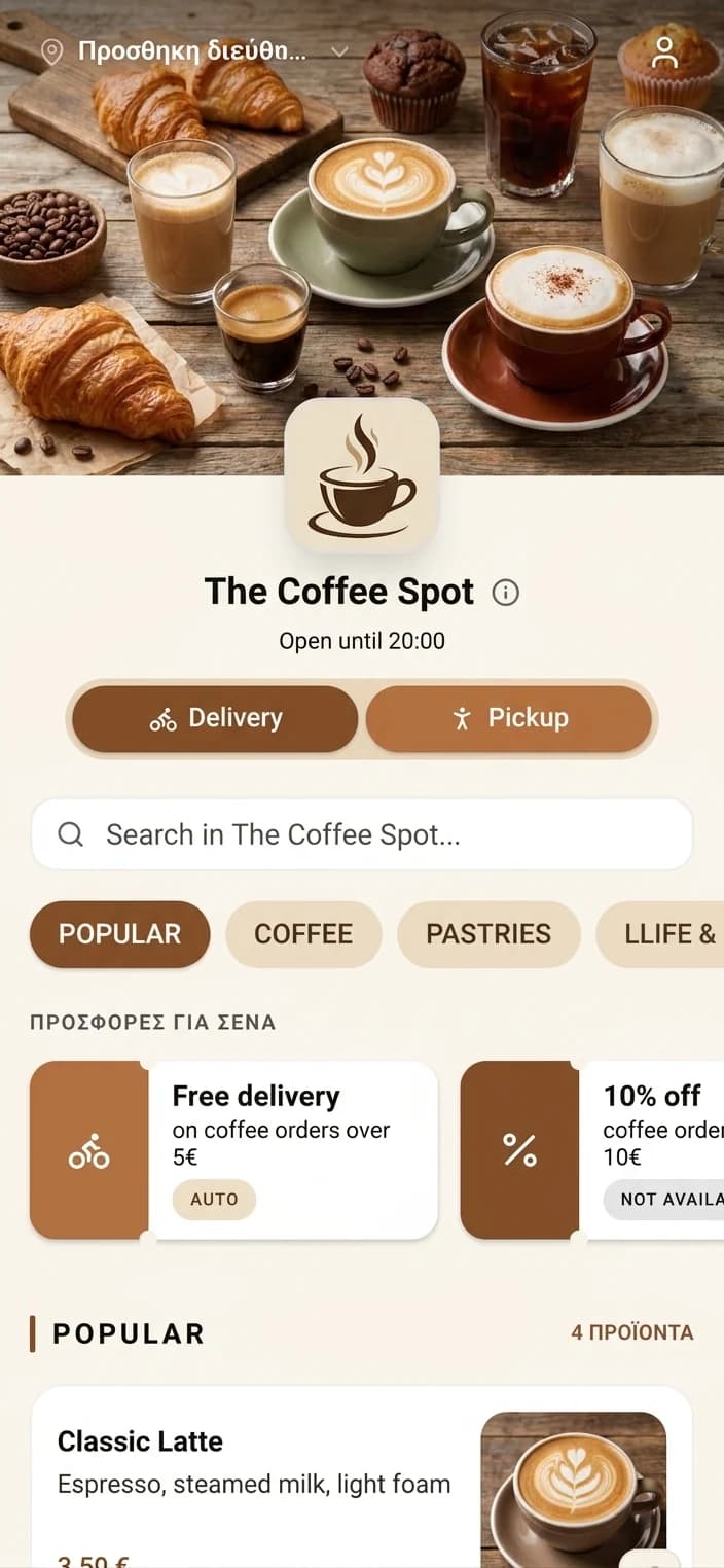 The Orderoo customer ordering app on a phone, a live store menu with offers, delivery and pickup